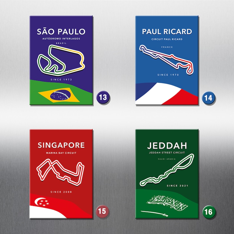 May include: Four colorful square posters with white outlines of race tracks. Each poster features the name of a racetrack, its location, and the year it was established. The posters are numbered 13, 14, 15, and 16.