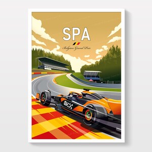 Puede incluir: Un p&oacute;ster de estilo vintage que muestra un coche de carreras de F&oacute;rmula 1 en una pista. El p&oacute;ster tiene el texto "SPA Belgian Grand Prix" con la bandera belga. El coche es naranja y negro, con un dise&ntilde;o de bandera a cuadros.