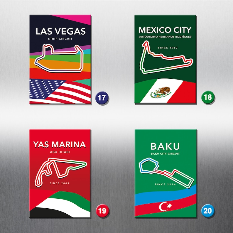 May include: Four colorful square cards with track maps and flags of different countries. The cards feature the names of four race tracks: Las Vegas Strip Circuit, Autodromo Hermanos Rodriguez, Yas Marina, and Baku City Circuit. Each card includes the year the track was first used in the race.