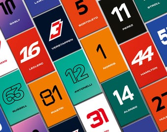 May include: A collection of rectangular cards featuring various Formula 1 driver names, racing numbers, and team logos. The cards are displayed in a grid pattern with vibrant colors including red, orange, teal, blue, black, and white backgrounds.