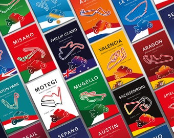 May include: A collection of rectangular posters featuring various international motorcycle racing circuits. Each poster displays the track layout, the circuit name, location, establishment year, and a silhouette of a motorcycle rider.