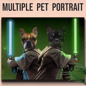Może przedstawiać: Wydruk na płótnie przedstawiający dwa psy ubrane jako Jedi, trzymające miecze świetlne. Jeden pies jest brązowo-biały, drugi czarno-brązowy. Tło jest zielone, z napisem "MULTIPLE PET PORTRAIT" u góry.