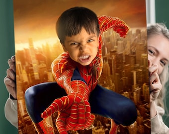 Birthday Gift Superhero Kid Spiderman, Custom Portrait from Photo, Niece-Nephew Birthday Gift Daughter - Son Gift, Grandson - Granddaughter