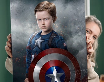 Superhjälte Captain America barnporträtt, Marvel-karaktärer anpassade designer, personlig karikatyr, present till son - dotter, anpassningsbar