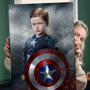 Superheld Captain America Kinderportrait, Marvel Charaktere individuelle Designs, personalisierte Karikatur, Geschenk für Sohn – Tochter, individuell