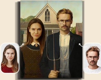 American Gothic Portrait, Custom Couple Painting, Couple Portrait, American Gothic Wall Decor, Gift for Parents, Custom Art From Photo