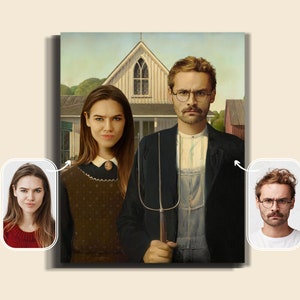 Retrato gótico americano, pintura de pareja personalizada, retrato de pareja, decoración de pared gótica americana, regalo para padres, arte personalizado a partir de una foto