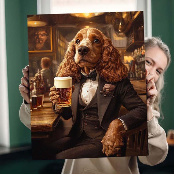 Custom Royal Dog Portrait, Gentleman Pub Beer Theme, Renaissance Portrait Art, Funny Pet Portrait on Canvas, Unique Gift for Pet Lovers