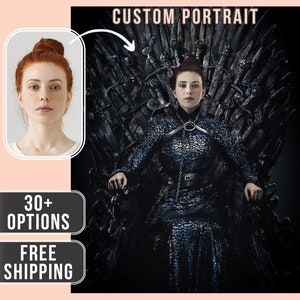 Pode incluir: Um retrato personalizado de uma pessoa sentada em um trono de ferro escuro com espadas. A pessoa está vestindo uma roupa preta de malha de corrente com um cinto de corrente prateado. O fundo é escuro e desfocado. O texto "CUSTOM PORTRAIT" está no topo da imagem.