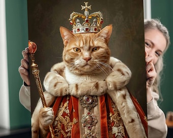 Custom Regal Cat Painting from Photo, Royal Pet Portrait, Classic Cat Drawing, Renaissance Royal Pet Canvas, King Queen Cat Dog, Pet Owners
