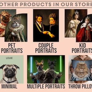 May include: A collage of images showcasing different types of custom portraits offered, including pet portraits, couple portraits, kid portraits, minimal portraits, multiple portraits, and throw pillows. The images feature various animals and people in a variety of styles.