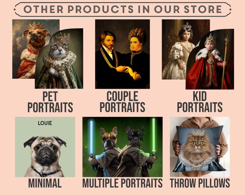 May include: A collage of images showcasing different types of custom portraits offered, including pet portraits, couple portraits, kid portraits, minimal portraits, multiple portraits, and throw pillows. The images feature various animals and people in a variety of styles.