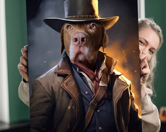 Cowboy Haustier Portrait nach Foto vom Foto, Perfektes Geburtstags Haustier, Königliches Katzen Portrait, Cowboy Haustier Western Hundekunst, Geschenk für Tierliebhaber