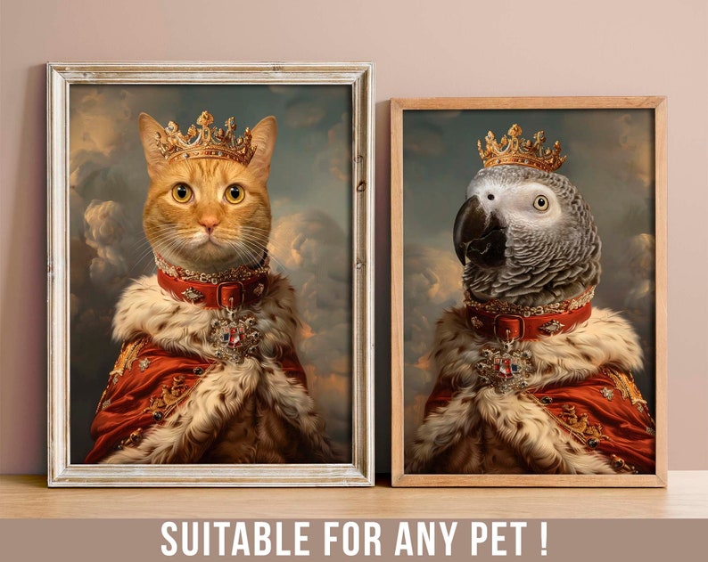 Custom royal pet portrait featuring a beautiful cat wearing an intricate golden royal robe and jeweled crown. This hand-crafted digital art piece by PethelangeloCo makes a stunning personalized gift for any occasion — Christmas, birthday, anniversary, Valentine’s Day, Mother’s Day, or even as a pet memorial. Celebrate your pet’s personality with a one-of-a-kind Renaissance-inspired artwork that blends fine art style with modern design, perfect for stylish home décor or thoughtful gifting.