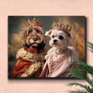Custom multi-pet artwork featuring cats or dogs dressed as historical royalty, wearing luxurious robes, crowns, and classic Renaissance-style details. Created by PethelangeloCo, this portrait celebrates all of your pets together in a majestic, imaginative scene. Ideal for Christmas gifts, birthday gifts, anniversaries, Valentine’s Day, Mother’s Day, or Father’s Day. Also excellent for shoppers who enjoy fantasy worlds, wizard-inspired elements,