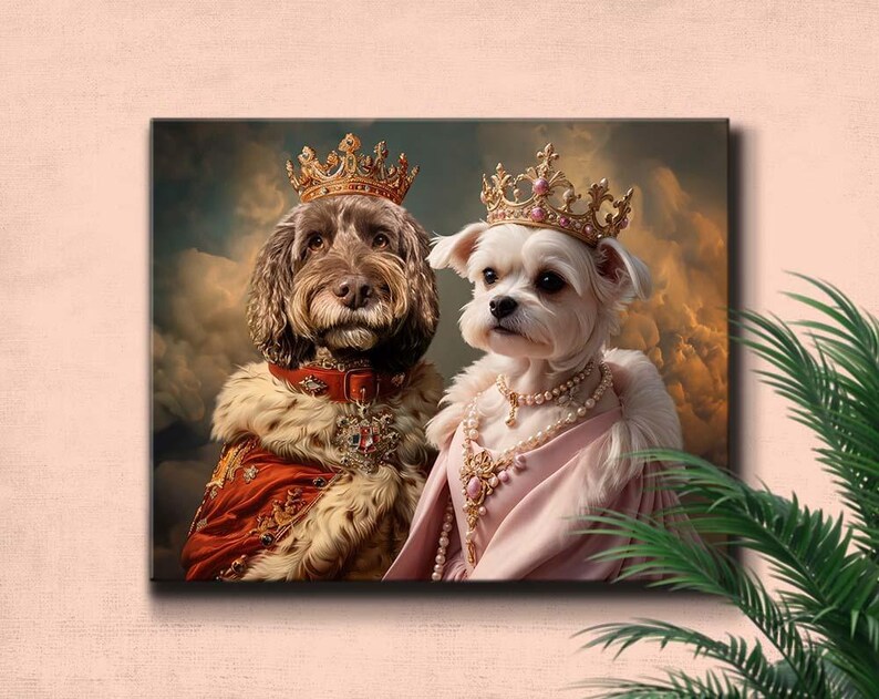 Custom multi-pet artwork featuring cats or dogs dressed as historical royalty, wearing luxurious robes, crowns, and classic Renaissance-style details. Created by PethelangeloCo, this portrait celebrates all of your pets together in a majestic, imaginative scene. Ideal for Christmas gifts, birthday gifts, anniversaries, Valentine’s Day, Mother’s Day, or Father’s Day. Also excellent for shoppers who enjoy fantasy worlds, wizard-inspired elements,