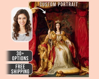 May include: A woman is digitally placed in a portrait of a queen wearing a crown and a white gown with gold trim. The portrait is set in a room with red velvet curtains and a gold throne.