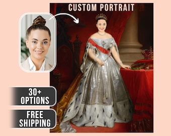 May include: A custom portrait service featuring a woman in a silver and white gown with a red sash, standing in a regal setting. The text "CUSTOM PORTRAIT" is displayed at the top of the image.  30+ options and free shipping are also advertised.