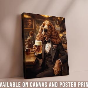 Renaissance-style custom dog portrait featuring a Cocker Spaniel dressed as a sophisticated gentleman in a vintage pub setting. The dog wears a formal tuxedo with a bow tie and holds a frothy beer mug, surrounded by warm, classic bar decor and rich, painterly details. This humorous yet elegant royal pet portrait showcases personalized pet art printed on canvas, ideal as a unique gift for dog lovers and home wall decor.