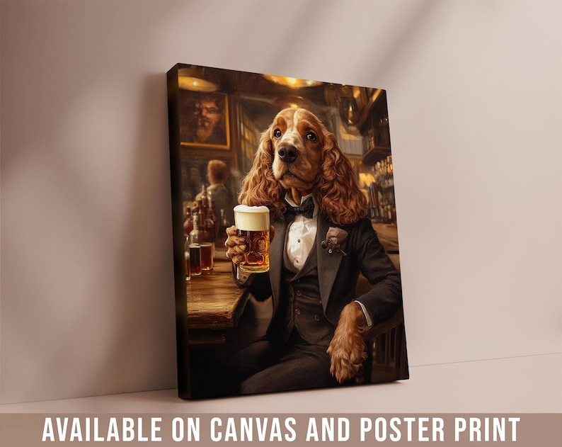 Renaissance-style custom dog portrait featuring a Cocker Spaniel dressed as a sophisticated gentleman in a vintage pub setting. The dog wears a formal tuxedo with a bow tie and holds a frothy beer mug, surrounded by warm, classic bar decor and rich, painterly details. This humorous yet elegant royal pet portrait showcases personalized pet art printed on canvas, ideal as a unique gift for dog lovers and home wall decor.