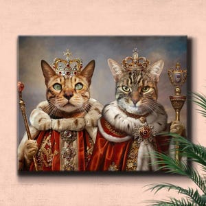 May include: A canvas print featuring two regal cats adorned with crowns, royal robes, and scepters. One cat has green eyes and the other has brown eyes. The artwork has a vintage aesthetic with a soft, neutral background.