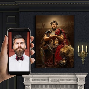 May include: A person holds a smartphone displaying a photo of a man with a beard wearing a white shirt and a red bow tie. The background of the phone image is a dark red wall. The smartphone is in front of a painting of a man in a red and gold costume sitting on a throne.