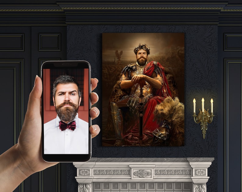 May include: A person holds a smartphone displaying a photo of a man with a beard wearing a white shirt and a red bow tie. The background of the phone image is a dark red wall. The smartphone is in front of a painting of a man in a red and gold costume sitting on a throne.