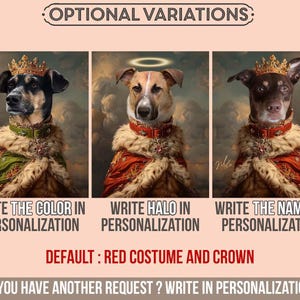 May include: Three dog portraits in regal outfits, each with a crown and elaborate clothing. The image includes text saying "OPTIONAL VARIATIONS" and prompts for personalization, including colour, halo, and name. The default costume is red with a crown.