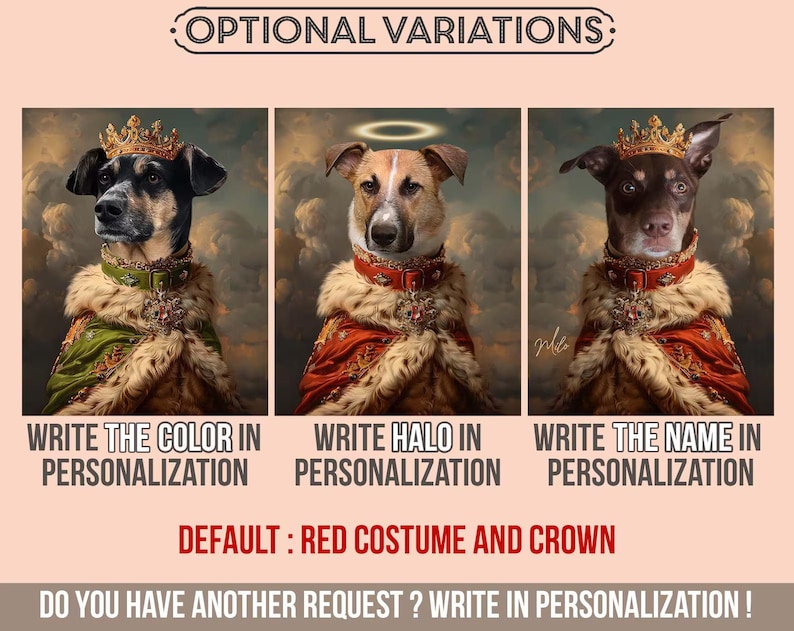 May include: Three dog portraits in regal outfits, each with a crown and elaborate clothing. The image includes text saying "OPTIONAL VARIATIONS" and prompts for personalization, including colour, halo, and name. The default costume is red with a crown.
