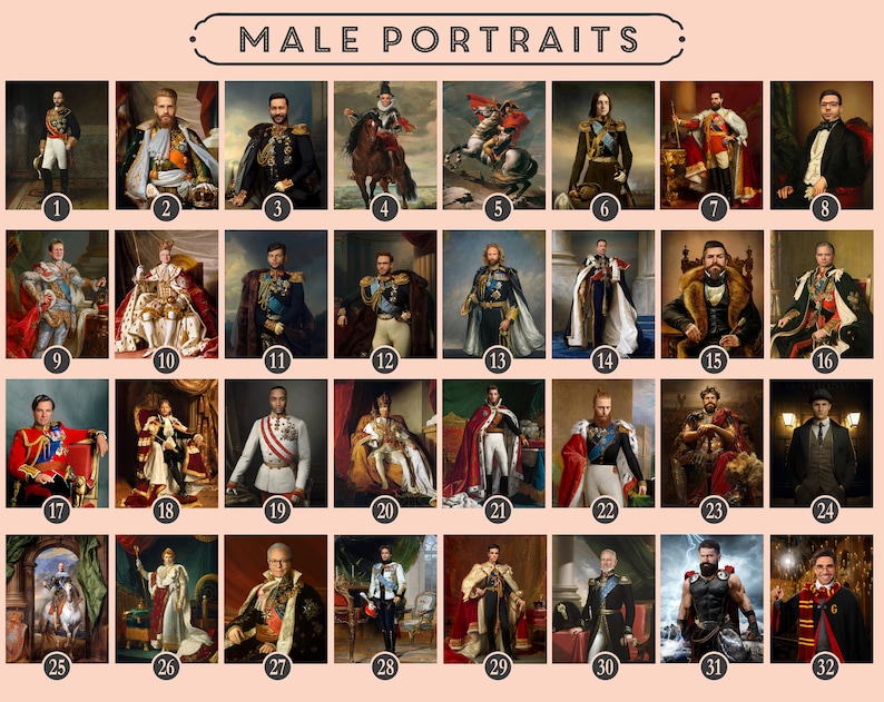 May include: A collage of 32 images featuring portraits of people in various settings, including historical, fantasy, and modern. Each portrait is numbered from 1 to 32.