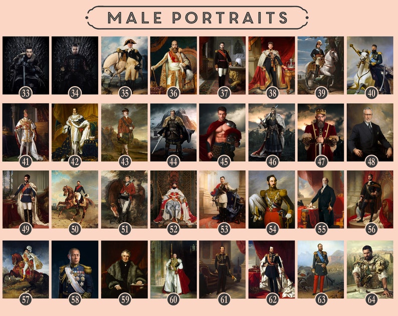 May include: A collage of 64 images of people in various poses, dressed in historical clothing, and set against different backgrounds. The images are numbered from 33 to 64.