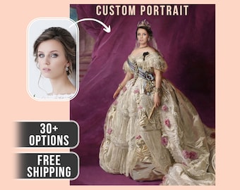 May include: A custom portrait of a person in a white gown with lace details and a crown. The gown has a long train and is decorated with pink flowers. The background is a deep purple color. The text "CUSTOM PORTRAIT" is at the top of the image. The text "30+ OPTIONS" and "FREE SHIPPING" are at the bottom of the image.