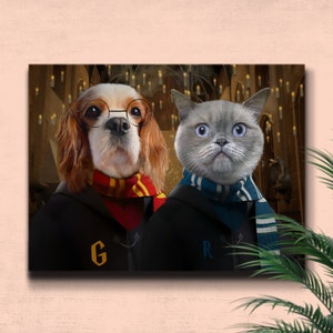 May include: A canvas print featuring a Cavalier King Charles Spaniel and a gray British Shorthair cat dressed in Hogwarts attire. The dog wears glasses and a Gryffindor scarf. The cat wears a Slytherin scarf. The background depicts a candlelit hall.