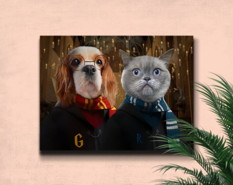 May include: A canvas print featuring a Cavalier King Charles Spaniel and a gray British Shorthair cat dressed in Hogwarts attire. The dog wears glasses and a Gryffindor scarf. The cat wears a Slytherin scarf. The background depicts a candlelit hall.