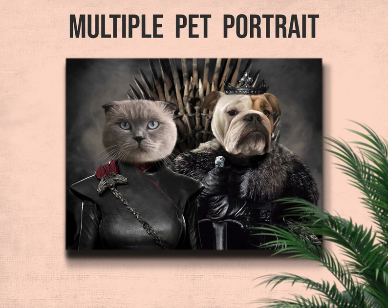 This unique artwork by PethelangeloCo captures your pets’ personalities in a single regal composition. A top gift choice for Christmas, birthdays, and anniversaries. This portrait is also perfect for customers looking for fantasy-inspired, wizard-themed, or sci-fi–influenced pet art — making it a great match for Star Wars fans, Game of thrones and Harry Potter enthusiasts searching for magical custom pet portraits. pets in detailed Renaissance attire, designed with golden textures