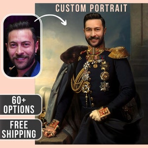 May include: A custom portrait service featuring a man in a military uniform with gold accents and a black cape. The text "CUSTOM PORTRAIT" is at the top of the image. The text "60+ OPTIONS" and "FREE SHIPPING" are at the bottom of the image.