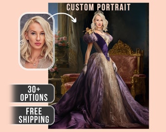 May include: A custom portrait of a person in a purple and gold gown with a crown on their head. The person is standing in front of a gold chair. The text "CUSTOM PORTRAIT" is at the top of the image.