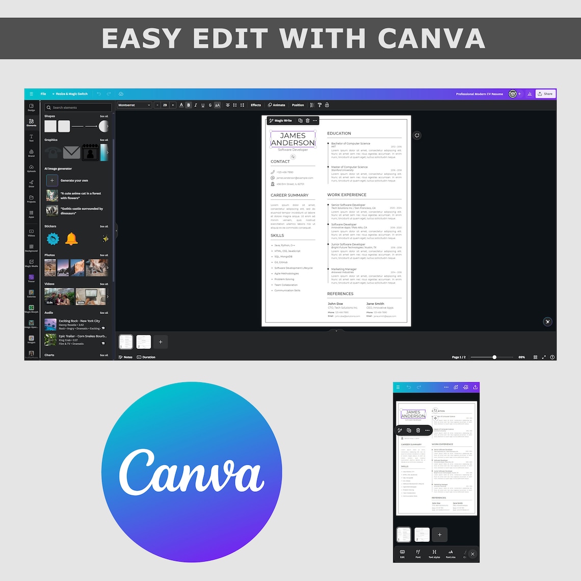ATS Friendly Resume Template Word & Canva, Pages, ATS Resume, ATS Cv
