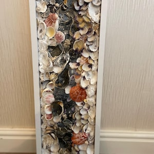 May include: A white framed wall art piece featuring a mosaic of various seashells in shades of white, brown, orange, and pink.