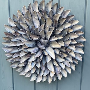 May include: A circular wall decoration composed of numerous overlapping dark grey and white mussel shells arranged in a radial pattern, creating a textured, flower-like appearance with a dense centre and pointed edges extending outward.