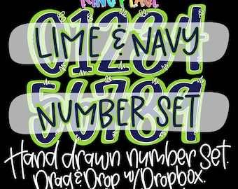 Lime and Navy Doodle Number Set, Hand Drawn Digital Download PNGS