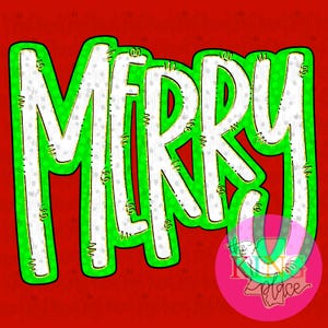 Puede incluir: Gráfico festivo con la palabra "MERRY" en letras grandes, blancas y texturizadas, delineadas en verde brillante. El fondo es rojo liso, con un pequeño logotipo en la esquina inferior derecha. El diseño tiene un tema navideño.