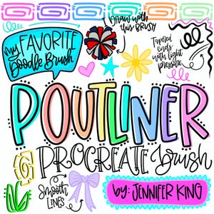 May include: Colorful digital art featuring the word "POUTLINER" in large, outlined letters, with the text "PROCREATE Brush" below. Additional text includes "My Favorite Doodle Brush," "Smooth Lines," and "by: JENNIFER KING." Decorative elements include a bow, hearts, and stars.