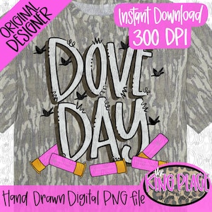 May include: A digital graphic design featuring the text DOVE DAY in white outlined letters with black drop shadows. Small black bird silhouettes are scattered around the text. Three pink shotgun shells are positioned at the bottom.
