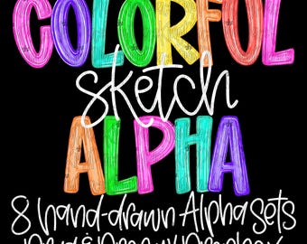 Colorful Sketch Alphabet PNG Hand Drawn alpha set 8 different color combos