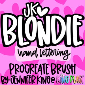 May include: A pink and white graphic design with the word "BLONDIE" in large, bold letters. The design includes the text "hand lettering" and "PROCREATE BRUSH" with the name "JENNIFER KING" and the text "the KING PLACE". The background is pink hearts.