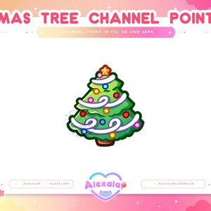 May include: A cartoon illustration of a green Christmas tree decorated with white garland, colorful ornaments, and a yellow star on top. The text "XMAS TREE CHANNEL POINTS" is at the top of the image.