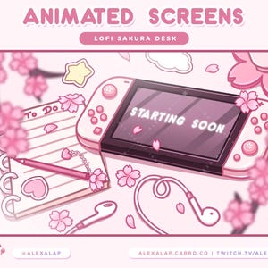 ANIMÉ Lofi Pink Sakura Bureau Switch Écrans Twitch | Superpositions Twitch, scènes | Bientôt disponible, BRB, Fin de diffusion, Hors ligne | Fleur de cerisier
