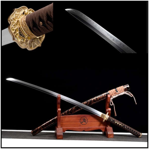 Katana T10 Clay Tempered Steel Blade Japanese Samurai Sword Terrifying Waves Tsuba Handmade Wood Saya