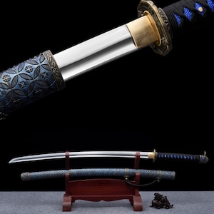 Handcrafted Tachi Japanese Samurai Sword with High-Speed Steel and Qianbi Brass Tsuba and Wood Saya Bushido for Hobby